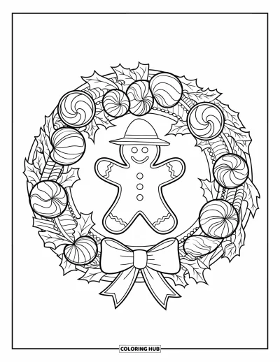 Coloriage de bonshommes en pain d'épices pour adultes : Bonshommes en pain d'épices avec un chapeau festif à l'intérieur d'une couronne décorée de sucreries