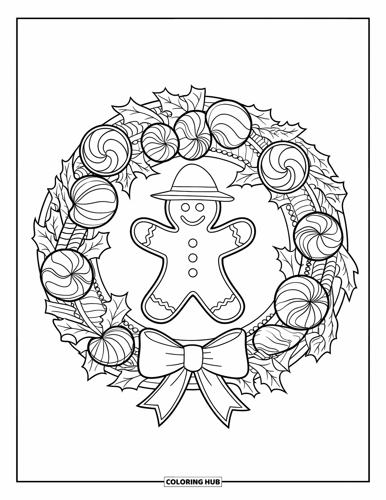 Gingerbread Man Coloring Page for Adults: Gingerbread man with a festive hat inside a candy-decorated wreath