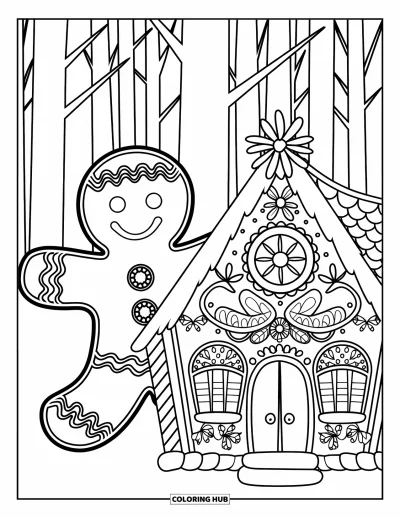 Coloriage de bonshommes en pain d'épices pour adultes : Bonshommes en pain d'épices avec un glaçage détaillé près d'une élégante maison en biscuit