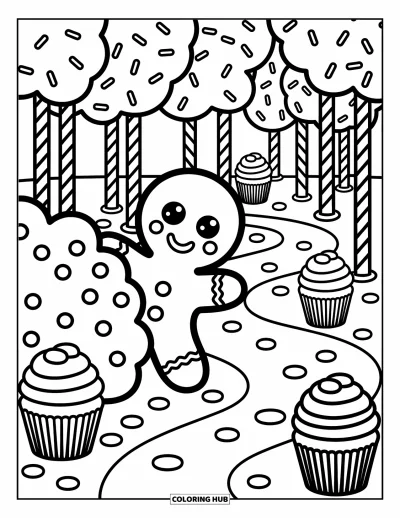 Coloriage de bonshommes en pain d'épices pour adultes : Espiègle bonshommes en pain d'épices caché parmi des arbres en réglisse et des allées en dragée