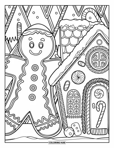 Coloriage de bonshommes en pain d'épices pour adultes : Bonshommes en pain d'épices souriant et maison entourés d'arbres en bonbons