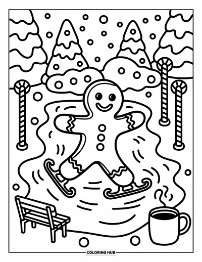 Coloriage de bonshommes en pain d'épices pour adultes : Bonshommes en pain d'épices souriant glissant entre des arbres en glaçage et un banc douillet