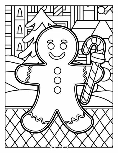 Coloriage de bonshommes en pain d'épices pour adultes : Bonshommes en pain d'épices souriant tenant une canne en sucre d'orge dans un village enneigé