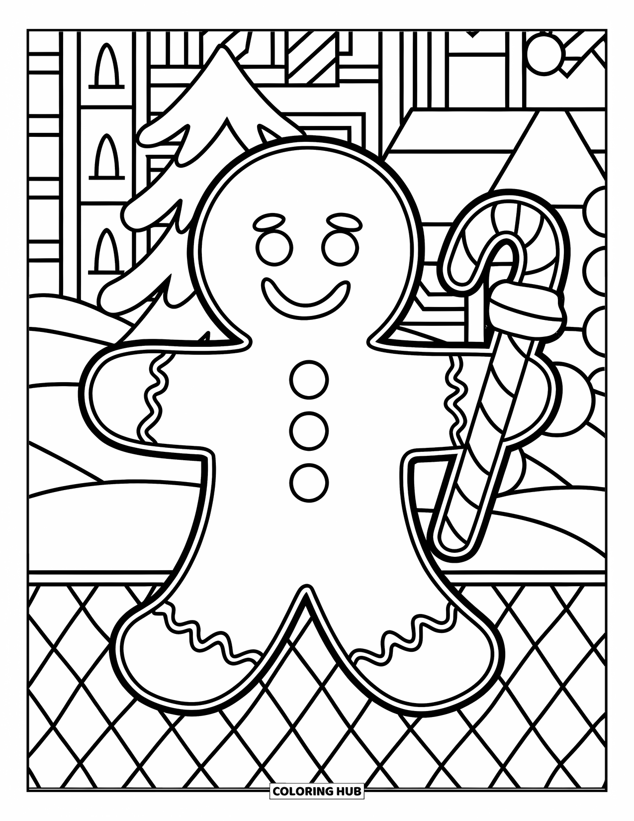 Gingerbread Man Coloring Page for Adults: Smiling gingerbread man holding a candy cane in a snowy village