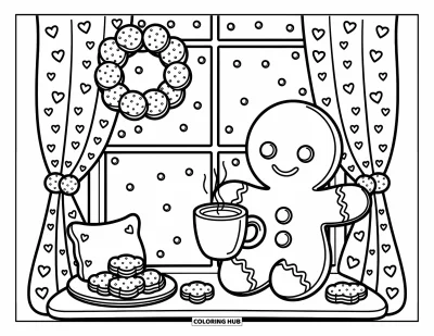 Coloriage de bonshommes en pain d'épices pour adultes : Bonshommes en pain d'épices souriant tenant un chocolat chaud près d'une fenêtre ornée d'une couronne en biscuit