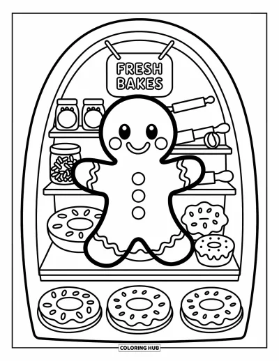 Coloriage de bonshommes en pain d'épices pour adultes : Bonshommes en pain d'épices souriant dans une vitrine de boulangerie garnie de biscuits et de vermicelles