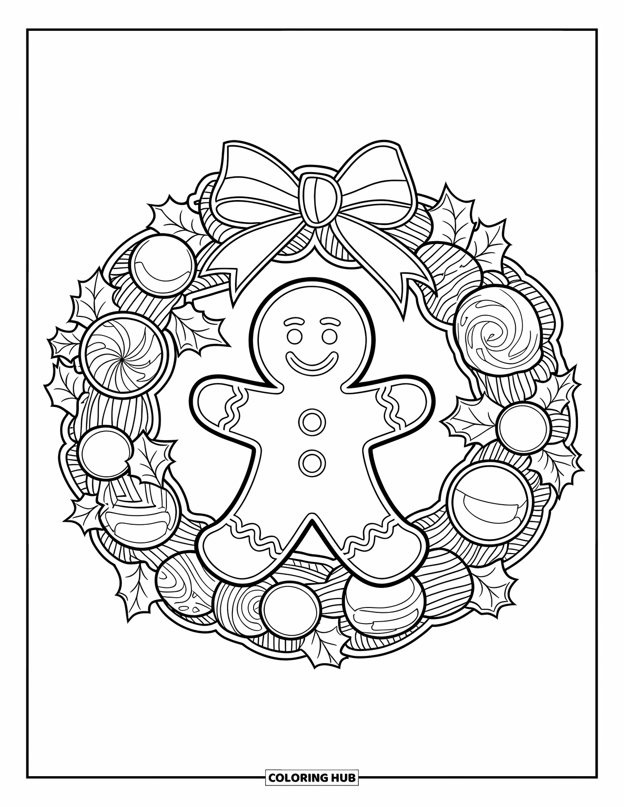 Gingerbread Man Coloring Page for Adults: Smiling gingerbread man in a ribbon-tied wreath on a plain background