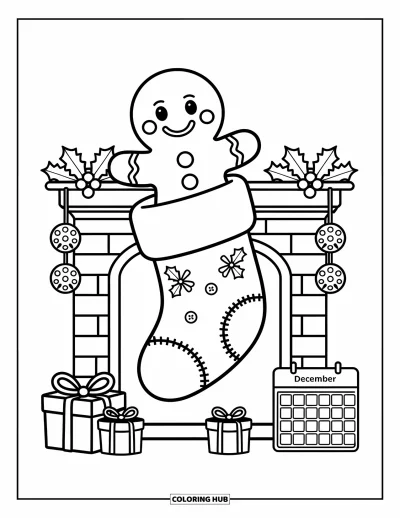 Coloriage de bonshommes en pain d'épices pour adultes : Bonshommes en pain d'épices souriant dans une chaussette avec des guirlandes et de petits cadeaux