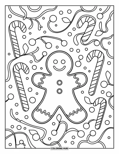 Coloriage de bonshommes en pain d'épices pour adultes : Bonshommes en pain d'épices souriant entouré de cannes en sucre d'orge à motifs et de baies