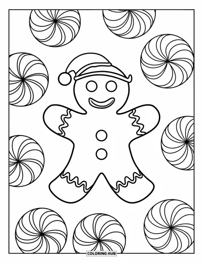 Coloriage de bonshommes en pain d'épices pour adultes : Bonshommes en pain d'épices souriant entouré de spirales de menthe poivrée