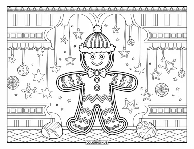 Coloriage de bonshommes en pain d'épices pour adultes : Bonshommes en pain d'épices avec chapeau rayé entouré de biscuits, d'étoiles et de bordures en ruban