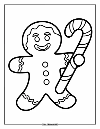 Coloriage de bonshommes en pain d'épices pour enfants : Joyeux bonshommes en pain d'épices tenant une canne en sucre d'orge avec des détails de pâte craquelée