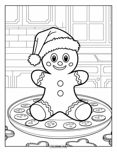 Coloriage de bonshommes en pain d'épices pour enfants : Joyeux bonshommes en pain d'épices assis sur un plateau de biscuits dans une cuisine chaleureuse