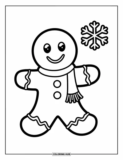 Coloriage de bonshommes en pain d'épices pour enfants : Joyeux bonshommes en pain d'épices avec une écharpe et un flocon de neige à proximité