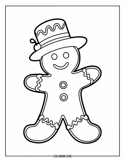 Coloriage de bonshommes en pain d'épices pour enfants : Bonshommes en pain d'épices joufflu avec des bottes en glaçage et un chapeau garni d'une cerise
