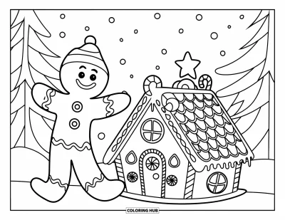 Coloriage de bonshommes en pain d'épices pour enfants : Bonshommes en pain d'épices ajoutant des bonbons à une maison en pain d'épices dans la neige