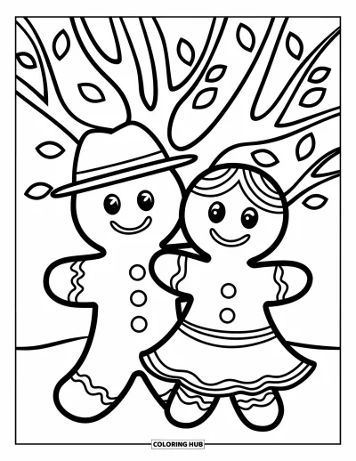 Coloriage de bonshommes en pain d'épices pour enfants : Bonshommes et fille en pain d'épices souriants près d'un arbre aux branches feuillues