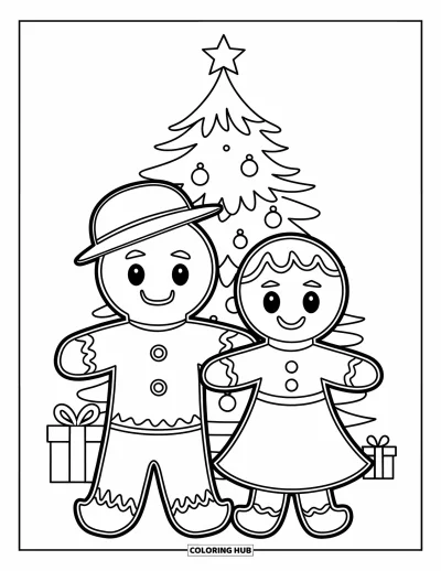 Coloriage de bonshommes en pain d'épices pour enfants : Bonshommes et fille en pain d'épices debout joyeusement près d'un sapin de Noël décoré