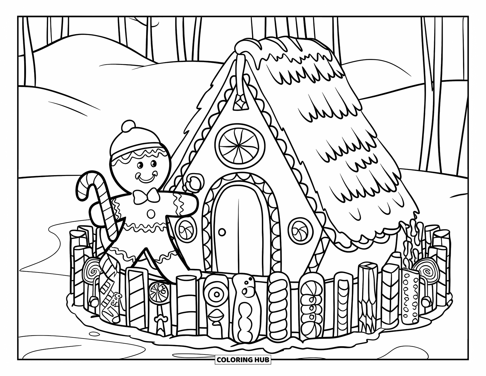 Gingerbread Man Coloring Page for Kids: Gingerbread man building a candy fence around his cozy cookie house