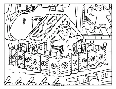 Coloriage de bonshommes en pain d'épices pour enfants : Bonshommes en pain d'épices construisant une clôture en bonbons près d'un arbre aux branches sucrées