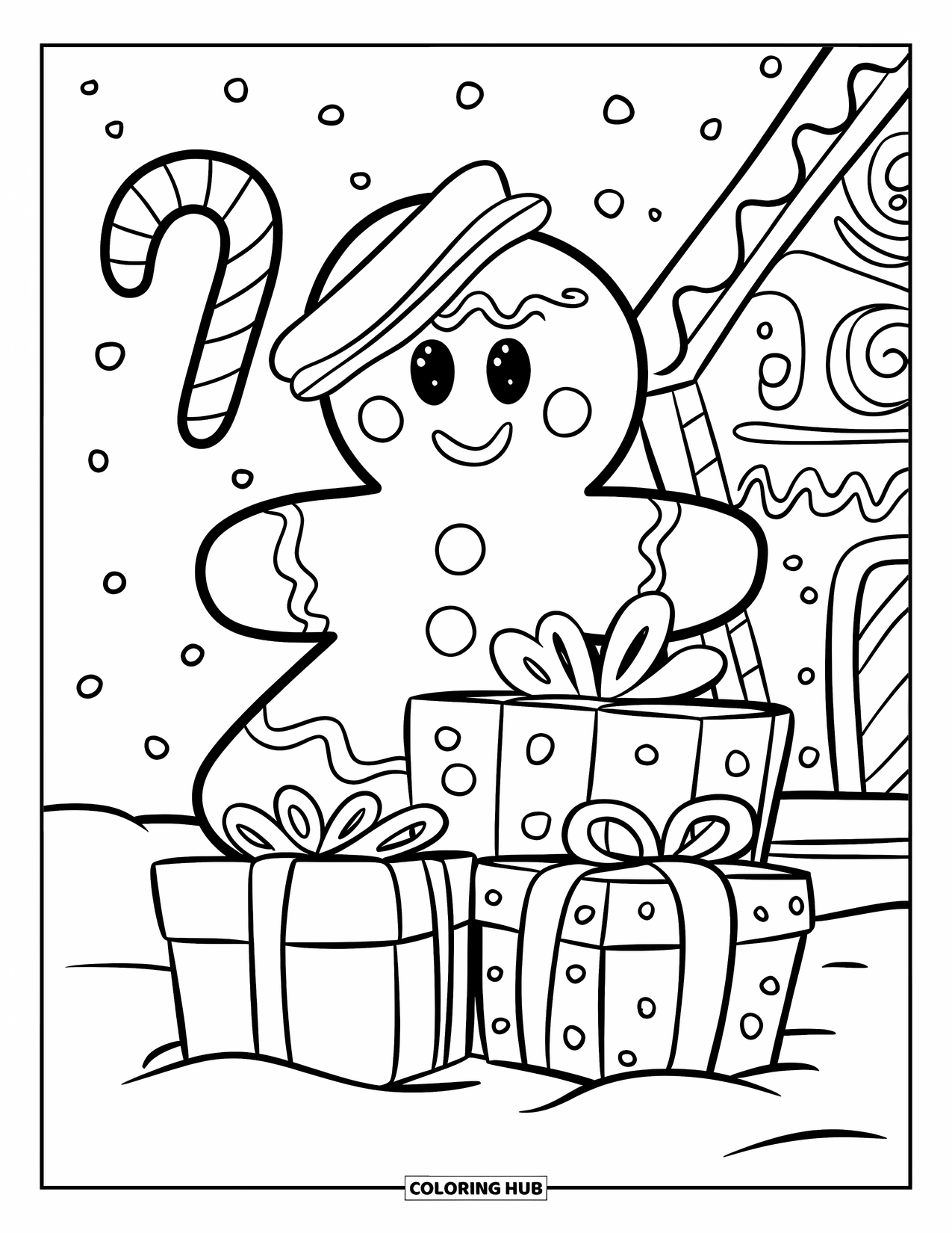Gingerbread Man Coloring Page for Kids: Gingerbread man hiding with gifts, candy canes, and a snowy gingerbread house
