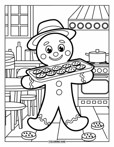 Coloriage de bonshommes en pain d'épices pour enfants : Bonshommes en pain d'épices tenant un plateau de biscuits dans une cuisine chaleureuse