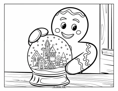 Coloriage de bonshommes en pain d'épices pour enfants : Bonshommes en pain d'épices tenant une boule à neige avec une petite ville, assis sur une table en bois