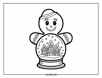 Coloriage de bonshommes en pain d'épices pour enfants : Bonshommes en pain d'épices tenant une boule à neige avec une petite ville en pain d'épices à l'intérieur