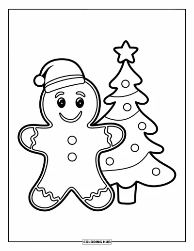 Coloriage de bonshommes en pain d'épices pour enfants : Bonshommes en pain d'épices avec un chapeau rouge debout à côté d'un petit sapin de Noël