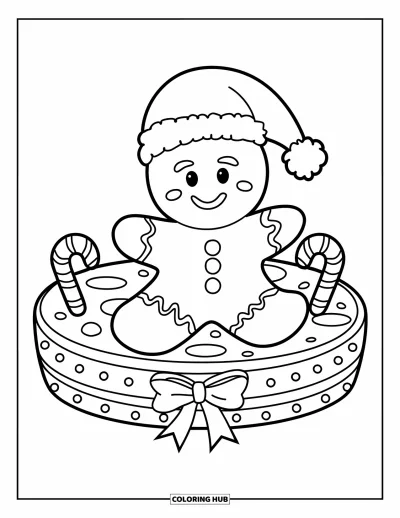Coloriage de bonshommes en pain d'épices pour enfants : Bonshommes en pain d'épices avec un bonnet de Père Noël assis sur un plateau avec des cannes en sucre d'orge