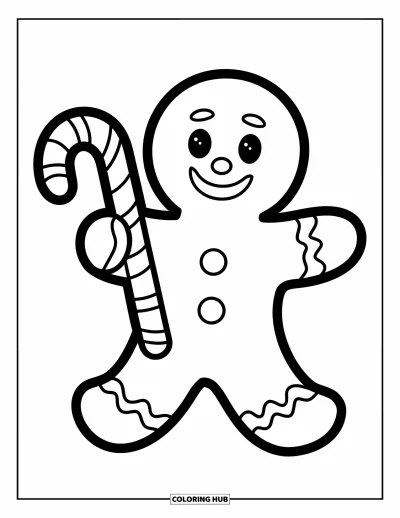Coloriage de bonshommes en pain d'épices pour enfants : Bonshommes en pain d'épices en chemise rayée tenant une canne en sucre d'orge avec un grand sourire
