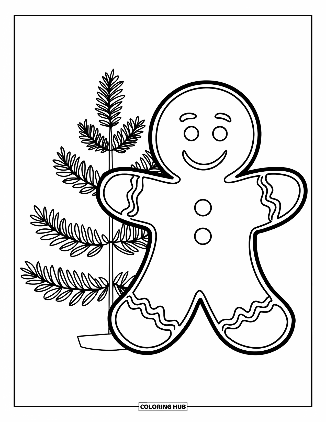 Gingerbread Man Coloring Page for Kids: Gingerbread man in a striped shirt standing beside a decorated tree