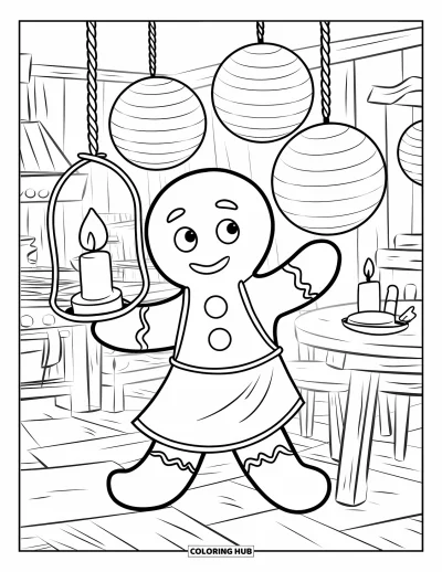 Coloriage de bonshommes en pain d'épices pour enfants : Bonshommes en pain d'épices allumant des lanternes en dragée dans une cuisine douillette au parquet en bois