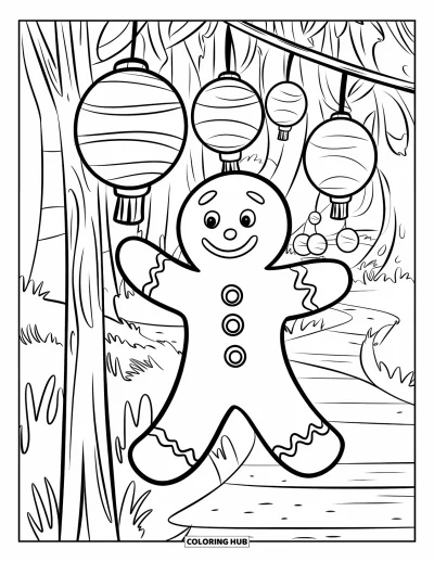 Coloriage de bonshommes en pain d'épices pour enfants : Bonshommes en pain d'épices allumant des lanternes en dragée avec une bougie dans une forêt sombre
