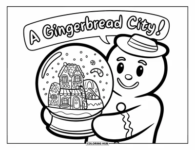 Coloriage de bonshommes en pain d'épices pour enfants : Bonshommes en pain d'épices montrant fièrement une boule à neige remplie d'une ville en bonbons