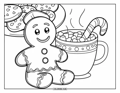 Coloriage de bonshommes en pain d'épices pour enfants : Bonshommes en pain d'épices assis près d'un chocolat chaud, de biscuits et d'une canne en sucre d'orge