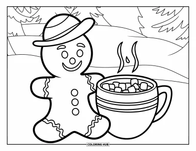 Coloriage de bonshommes en pain d'épices pour enfants : Bonshommes en pain d'épices assis près d'une tasse de chocolat chaud avec des guimauves