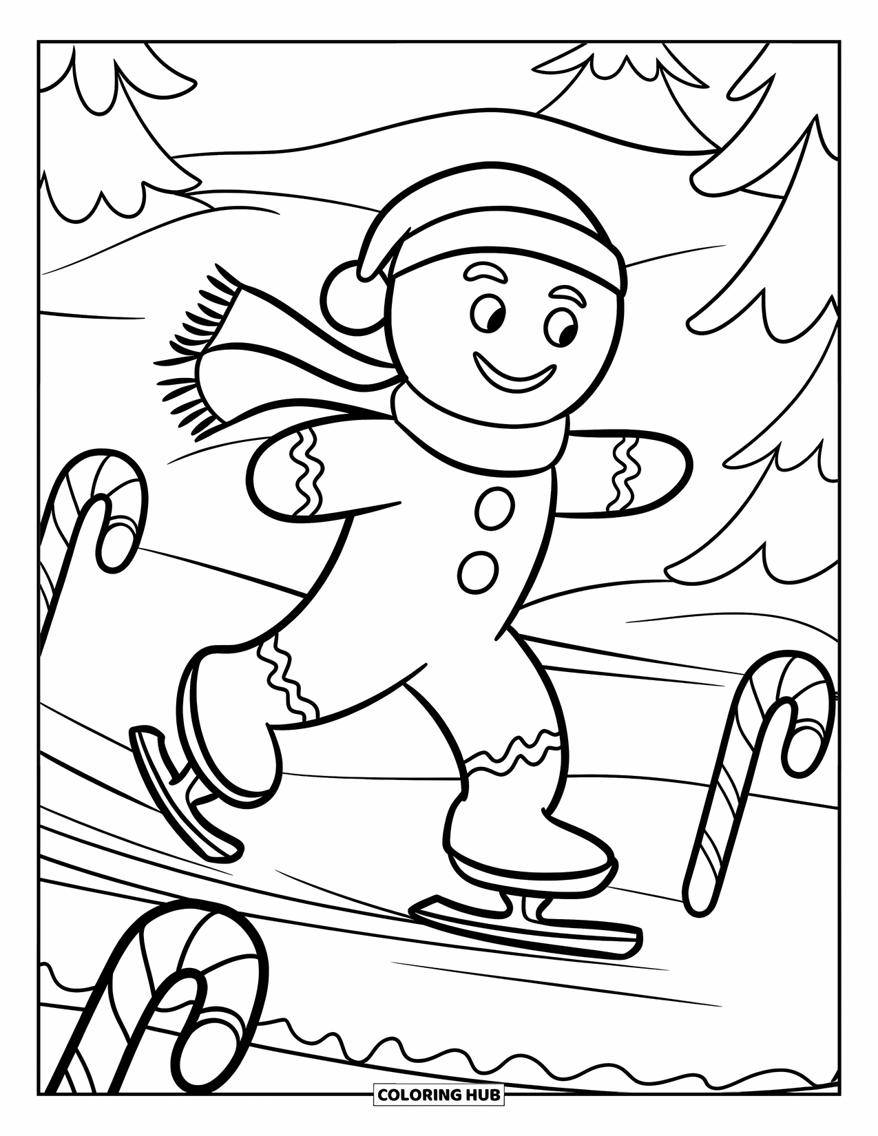 Gingerbread Man Coloring Page for Kids: Gingerbread man skating joyfully through a snowy forest
