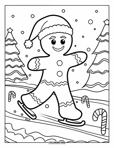 Coloriage de bonshommes en pain d'épices pour enfants : Bonshommes en pain d'épices faisant du patin près de sapins de Noël sous la neige qui tombe