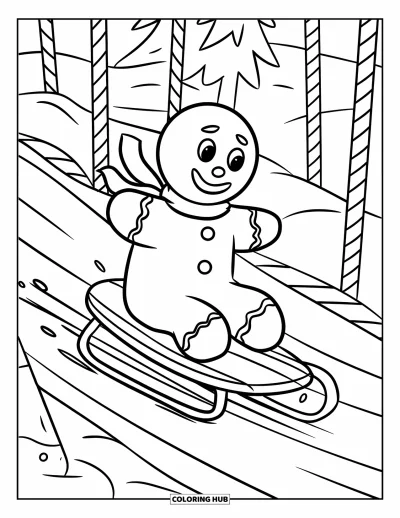 Coloriage de bonshommes en pain d'épices pour enfants : Bonshommes en pain d'épices faisant de la luge sur une pente givrée bordée de cannes en sucre d'orge