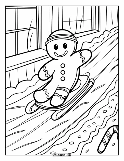 Coloriage de bonshommes en pain d'épices pour enfants : Bonshommes en pain d'épices faisant de la luge près d'une boulangerie avec des bonbons éparpillés sur le chemin