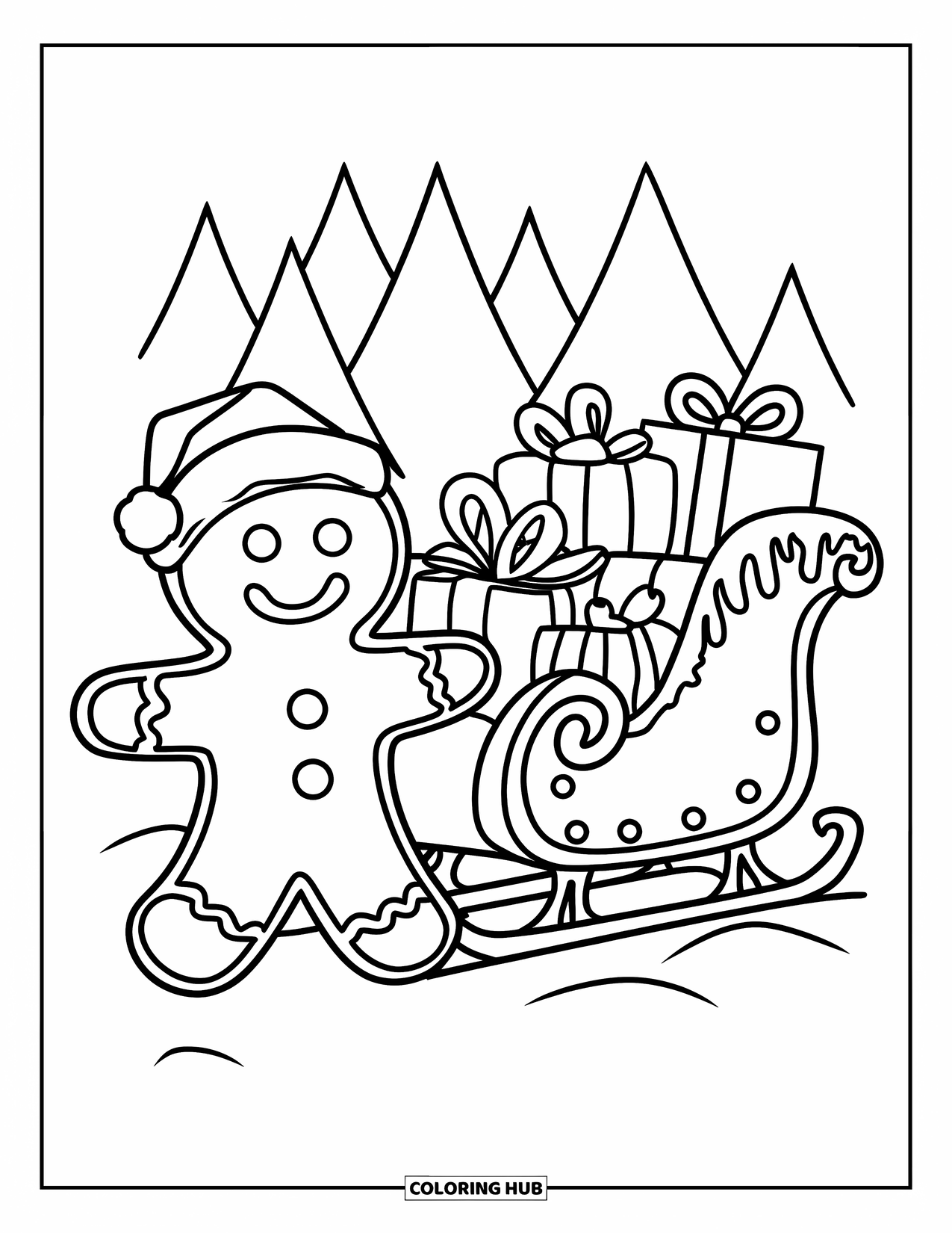 Gingerbread Man Coloring Page for Kids: Gingerbread man smiling beside a frosted sleigh full of presents