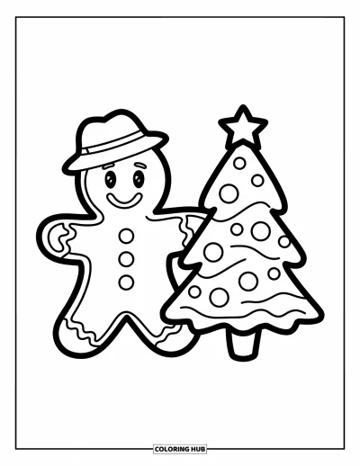 Coloriage de bonshommes en pain d'épices pour enfants : Bonshommes en pain d'épices souriant près d'un sapin simple avec des ornements