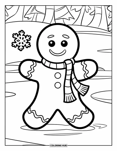 Coloriage de bonshommes en pain d'épices pour enfants : Bonshommes en pain d'épices debout dans la neige avec une écharpe et un grand sourire