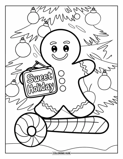 Coloriage de bonshommes en pain d'épices pour enfants : Bonshommes en pain d'épices debout sur une canne en sucre d'orge tenant une pancarte "Sweet Holiday"