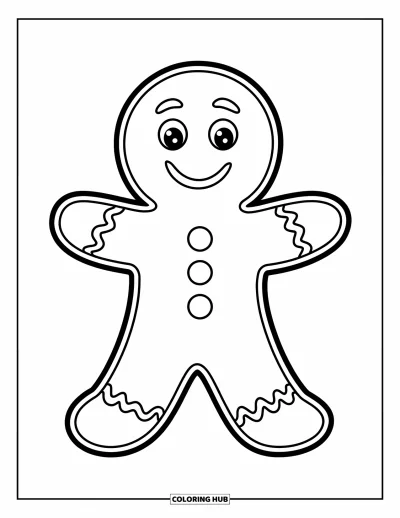 Coloriage de bonshommes en pain d'épices pour enfants : Bonshommes en pain d'épices debout avec de grands boutons et un sourire joyeux