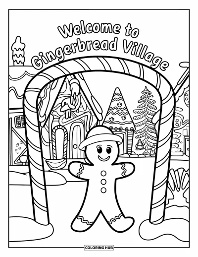 Coloriage de bonshommes en pain d'épices pour enfants : Bonshommes en pain d'épices sous une arche de bienvenue dans un village de pain d'épices décoré