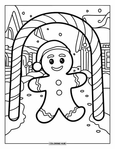 Coloriage de bonshommes en pain d'épices pour enfants : Bonshommes en pain d'épices marchant sous une arche en canne de sucre d'orge dans un village enneigé