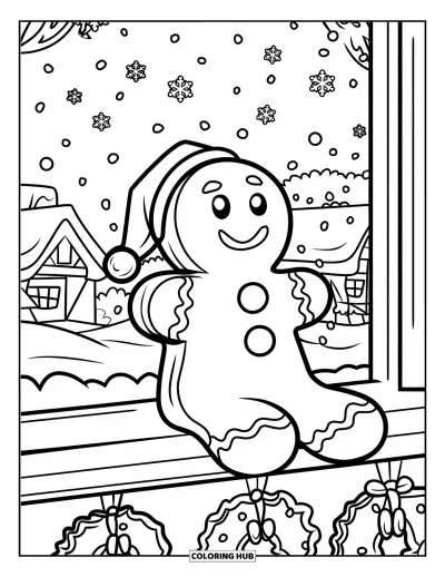 Coloriage de bonshommes en pain d'épices pour enfants : Bonshommes en pain d'épices regardant des flocons de neige depuis un rebord de fenêtre décoré