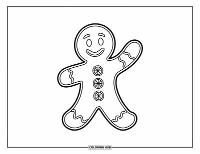 Coloriage de bonshommes en pain d'épices pour enfants : Bonshommes en pain d'épices faisant signe avec trois grands boutons en dragée